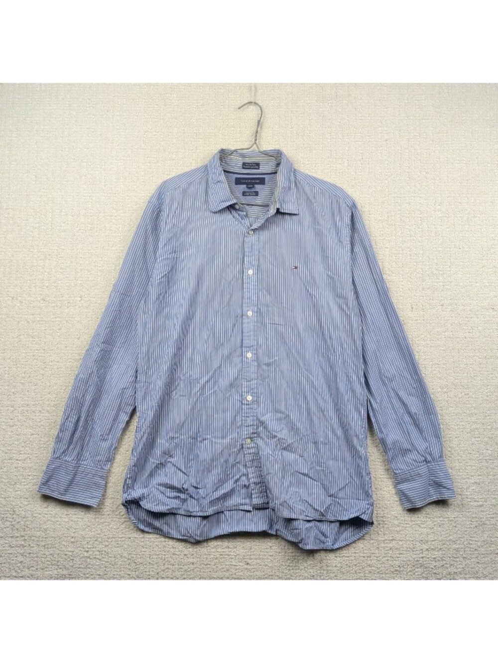 Tommy Hilfiger Button Up Shirt Men L Blue Striped 80s 2-Ply Fabric Preppy Office